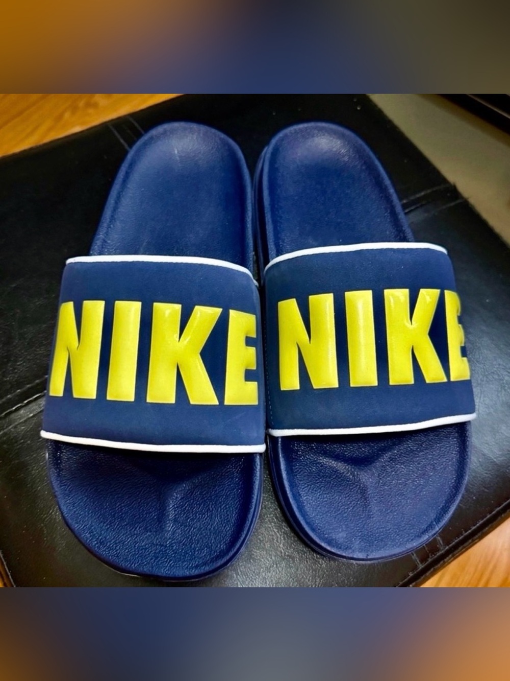Nike Navy Slide Sandals with Yellow Logo